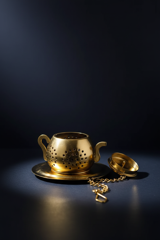 Gouden theefilter potje op donkere achtergrond