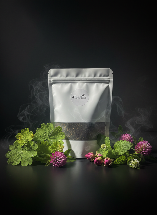 Mysterieuze 4TeaNoir met vrouwenmantel, rode klaver, citroenmelisse en rozenknopjes